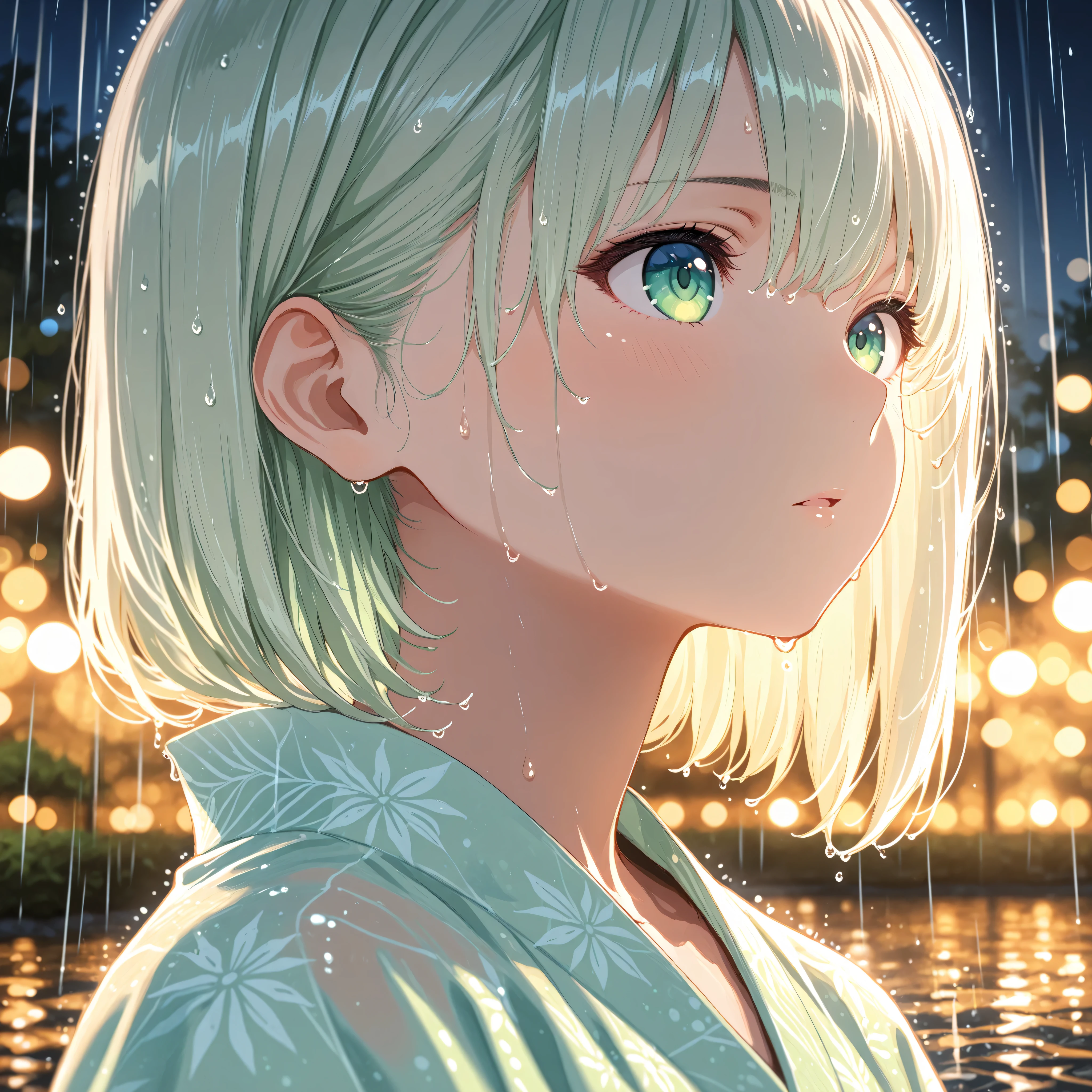 bob cut,light green yukata,Macro Closeup of a Girl's Eye,Super Detailedな虹彩と瞳孔, reflection,night,execution,lol,parted lips,rain,wet hair,(Bokeh),(((((depth of field,))))),Golden ratio composition, radial composition with iris ,Diagonal configuration,masterpiece of watercolor painting, best quality, Super Detailed, high resolution, 8k, Precise, exquisite details surrounding the Earth,sharp focus,Dramatic Shadow, perfect anatomy, Detailed Clothes, ray tracing reflections,dynamic lighting,HDR,Cinematic Writing, Global Illumination,