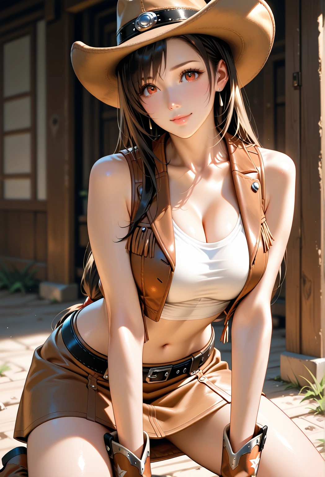 anime girl, body muscle, large breasts, cleavage, light brown hair, goggles on head, amber eyes, cowboy shot