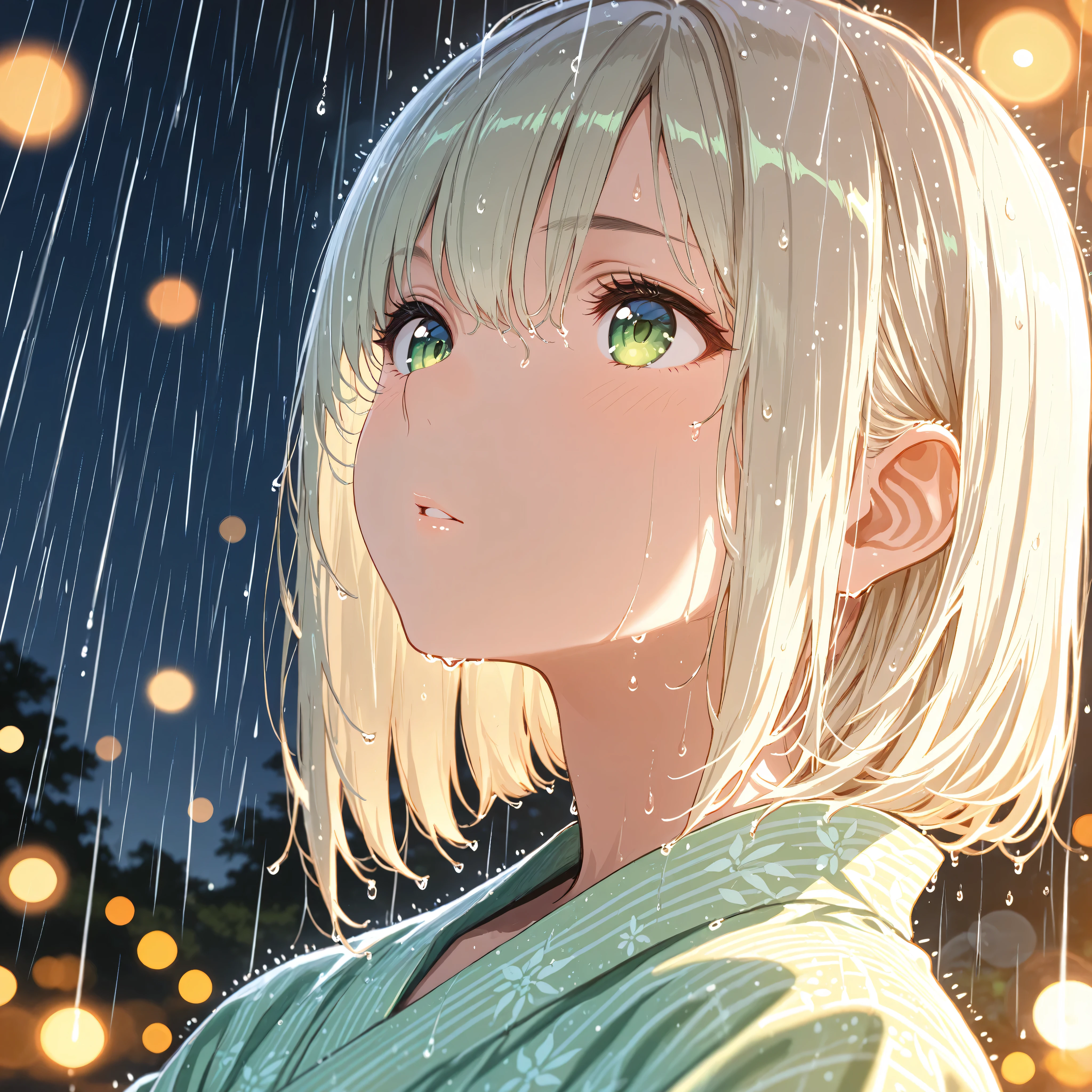 bob cut,light green yukata,Macro Closeup of a Girl's Eye,Super Detailedな虹彩と瞳孔, reflection,night,execution,lol,parted lips,rain,wet hair,(Bokeh),(((((depth of field,))))),Golden ratio composition, radial composition with iris ,Diagonal configuration,masterpiece of watercolor painting, best quality, Super Detailed, high resolution, 8k, Precise, exquisite details surrounding the Earth,sharp focus,Dramatic Shadow, perfect anatomy, Detailed Clothes, ray tracing reflections,dynamic lighting,HDR,Cinematic Writing, Global Illumination,