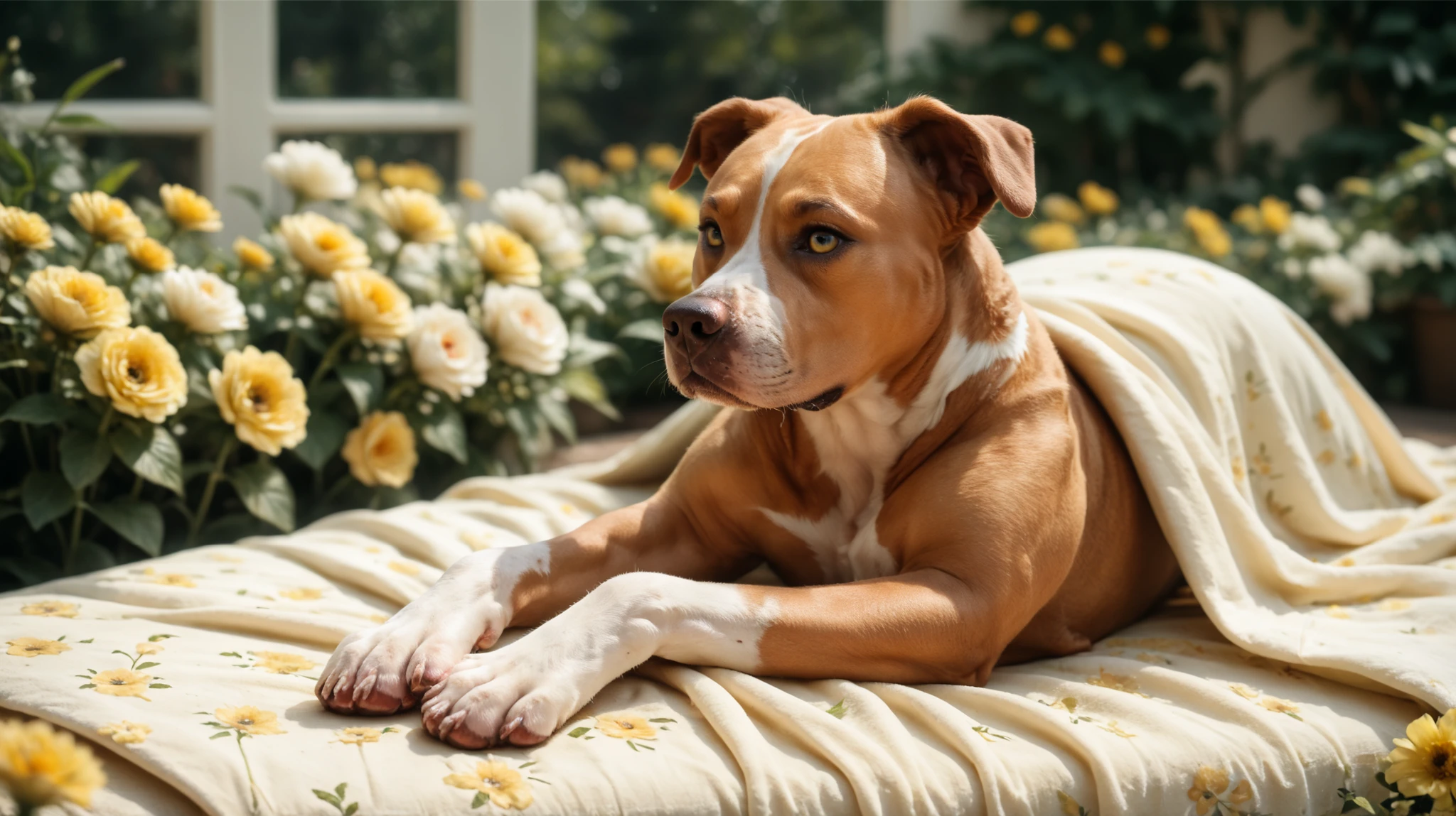 dog laying on a yellow blanket. Set against an Victorian backdrop that is covered in flowers. pitbull, apbt, beautiful eyes, golden eyes, paws, red brown fur