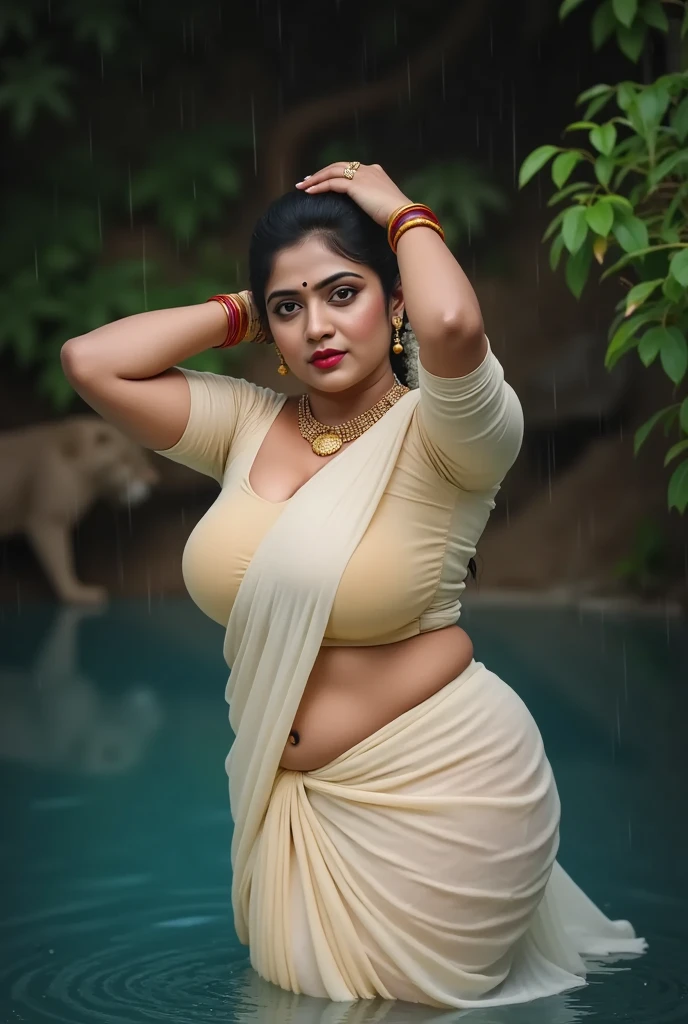 Indian woman wearing wearing (onam saree), (young woman), 20 years old, (chubby cheeks:1.4), (curvy figure:1.3), (eyeglasses), (bindi), An Indian beauty, charismatic, light Indian- skin, view the viewer, naughty smile, luxurious villa in background, both eyes are the same, full-body shot, hd, 2k, 4k , 8k, 16