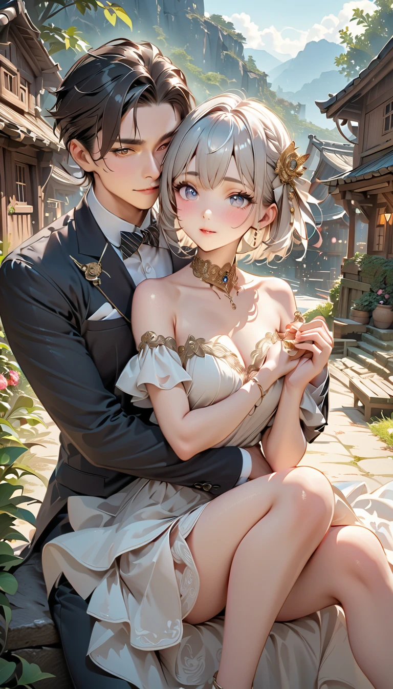 (((SFW、sound、Highest quality、first class、masterpiece、Normal body、8k、Detailed face、Ultra-precision、Normal hand、通常のrefer to、5refer to、Highest)))、beautiful girl、Silver Hair、Odd Eye((Emerald、brown))、Shortcuts、Bobcut、Small breasts、High leg leotard、Colorful frill mini skirt、Bright ribbon on the right side of the head、Frill ribbon on chest、Large frill ribbon on the back、Shirai Hinako - Blue Reflection、Transform、Magical girl、blush、Inject an aphrodisiac、Estrus、Feeling embarrassed、Open your mouth、first round、2people(Hinako and the man)、Couple、be with a man、Being hugged from behind by a man、A man is groping her breasts、Hotel、A man is sitting on the sofa with Hinako sitting on his lap.