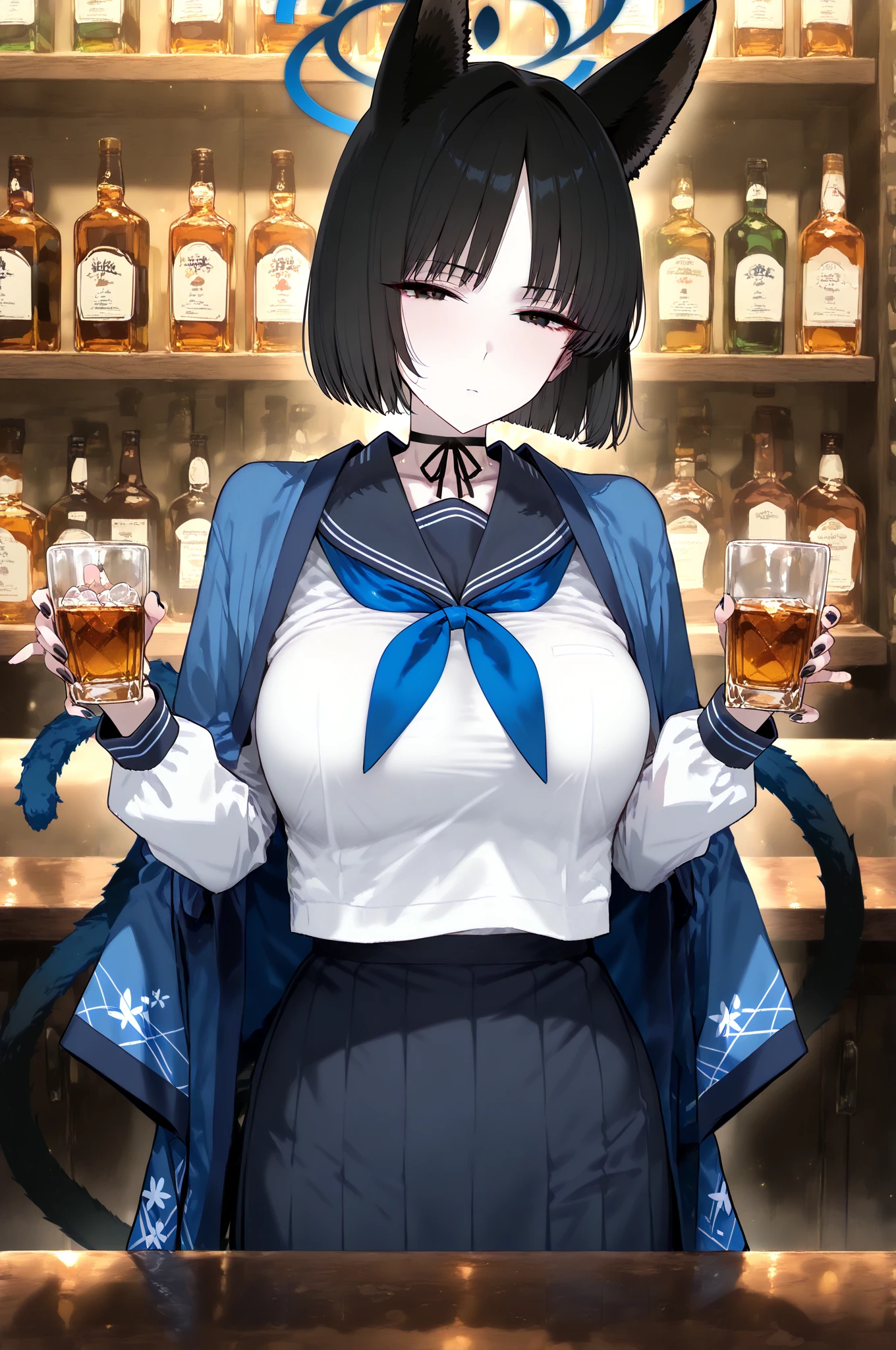 a woman holding a glass of liquid and a book, alchemist girl, she is in the potions workshop, glamor anime witch casting magic, anime moe art style, anime drinks energy drink, anime look of a beautiful girl, black hair wizard, I'm going to make fanart too, casting a spell on a potion, female protagonist 👀 :8, anime young man ( witch outfit with long skirt, white hair tied into a side ponytail that falls to the shoulder. ((whole body)), Model Sheet, perfil