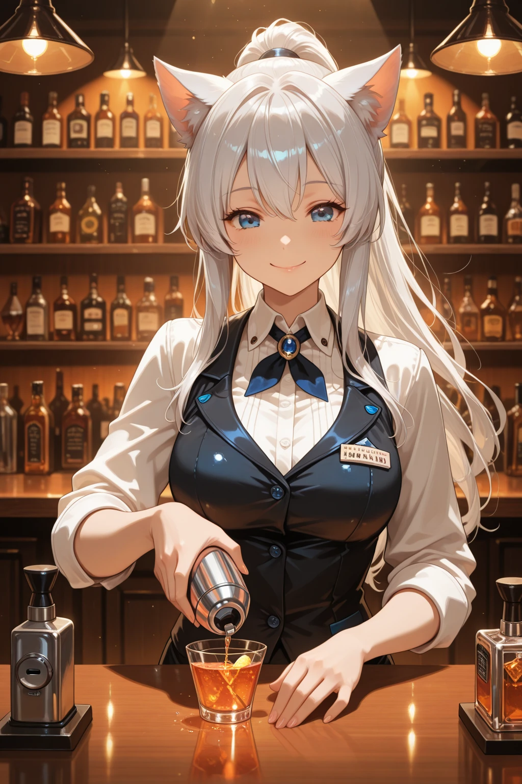 (((masterpiece,ultra detailed,absolutely resolution))),1girl,(bartender),(Hold the 1shaker with both hands, shake),with Blouse shirt,layer of clothes,waistcoat,dress pants,cleavage cutout
