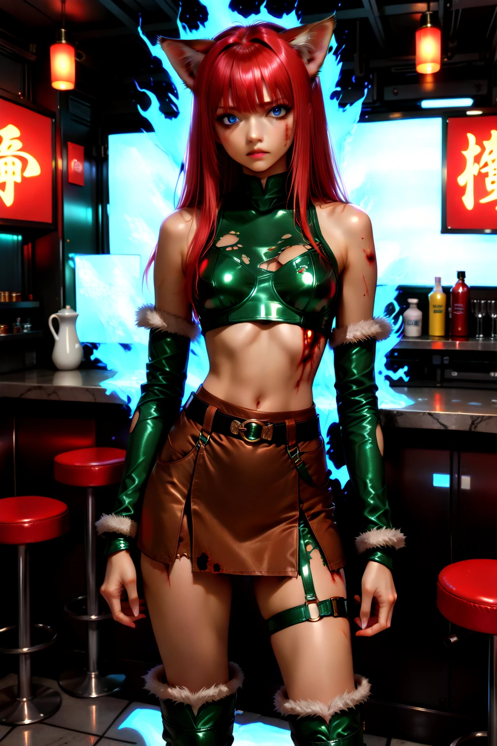 Neko Bar, cute, neko, oriental, bar, girls, chinese, orginal, tight clothing, torn clothes, thigh straps, bruised body, bloody wounds, tired face, dark angry eyes. The level of detail is inspiring, with intricate elements meticulously crafted, volumetric effects adding depth and dimension, and the photorealism is unmatched. The image is rendered in 8K resolution, ensuring ultra-detailed images. Volumetric rays add a touch of magic, highlighting their beauty and aura in a supernatural way. High dynamic range (HDR-10) technology makes the nuclei stand out, adding richness to the overall composition. MarinBraveSoul, red hair, blue eyes, cat ears, cat tail, green leather armor, brown furtrim boots, crop top, furtrim chocker, short furtrim skirt, brown skirt,  shoulders, ruanyi0649, w1tch