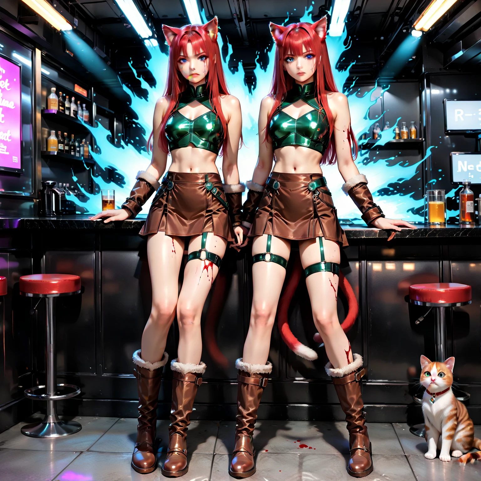 Neko Bar, cute, neko, oriental, bar, girls, chinese, orginal, tight clothing, torn clothes, thigh straps, bruised body, bloody wounds, tired face, dark angry eyes. The level of detail is inspiring, with intricate elements meticulously crafted, volumetric effects adding depth and dimension, and the photorealism is unmatched. The image is rendered in 8K resolution, ensuring ultra-detailed images. Volumetric rays add a touch of magic, highlighting their beauty and aura in a supernatural way. High dynamic range (HDR-10) technology makes the nuclei stand out, adding richness to the overall composition. MarinBraveSoul, red hair, blue eyes, cat ears, cat tail, green leather armor, brown furtrim boots, crop top, furtrim chocker, short furtrim skirt, brown skirt,  shoulders, ruanyi0649, w1tch