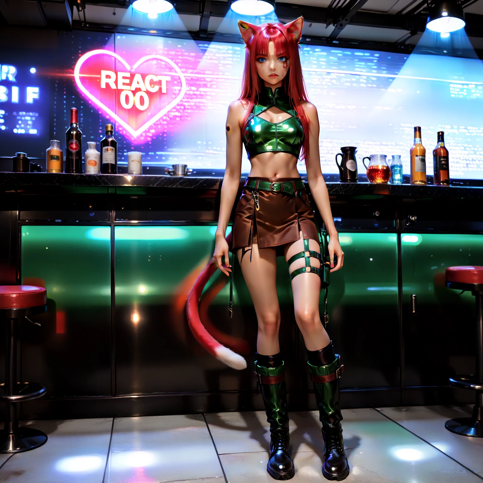 Neko Bar, cute, neko, oriental, bar, girls, chinese, orginal, tight clothing, torn clothes, thigh straps, bruised body, bloody wounds, tired face, dark angry eyes. The level of detail is inspiring, with intricate elements meticulously crafted, volumetric effects adding depth and dimension, and the photorealism is unmatched. The image is rendered in 8K resolution, ensuring ultra-detailed images. Volumetric rays add a touch of magic, highlighting their beauty and aura in a supernatural way. High dynamic range (HDR-10) technology makes the nuclei stand out, adding richness to the overall composition. MarinBraveSoul, red hair, blue eyes, cat ears, cat tail, green leather armor, brown furtrim boots, crop top, furtrim chocker, short furtrim skirt, brown skirt,  shoulders, ruanyi0649, w1tch