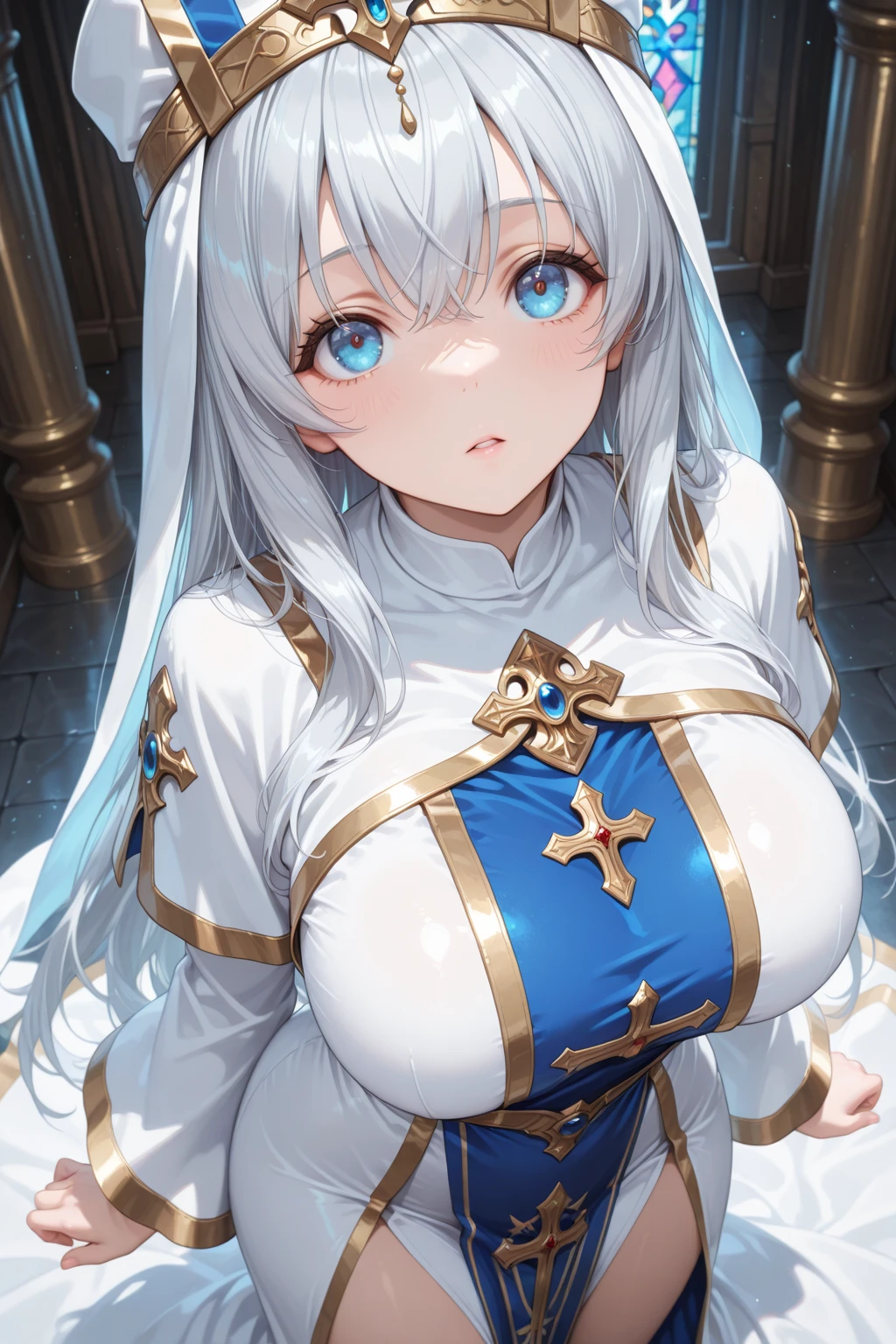 NSFW,((1man with 1woman,Having sex)),Silver Hair,Bare breasts,ahe face,顔を赤らめる,drooling,​masterpiece, top-quality, Hi-Res, Celia Clare, White Capelet, beret,White background,simple background