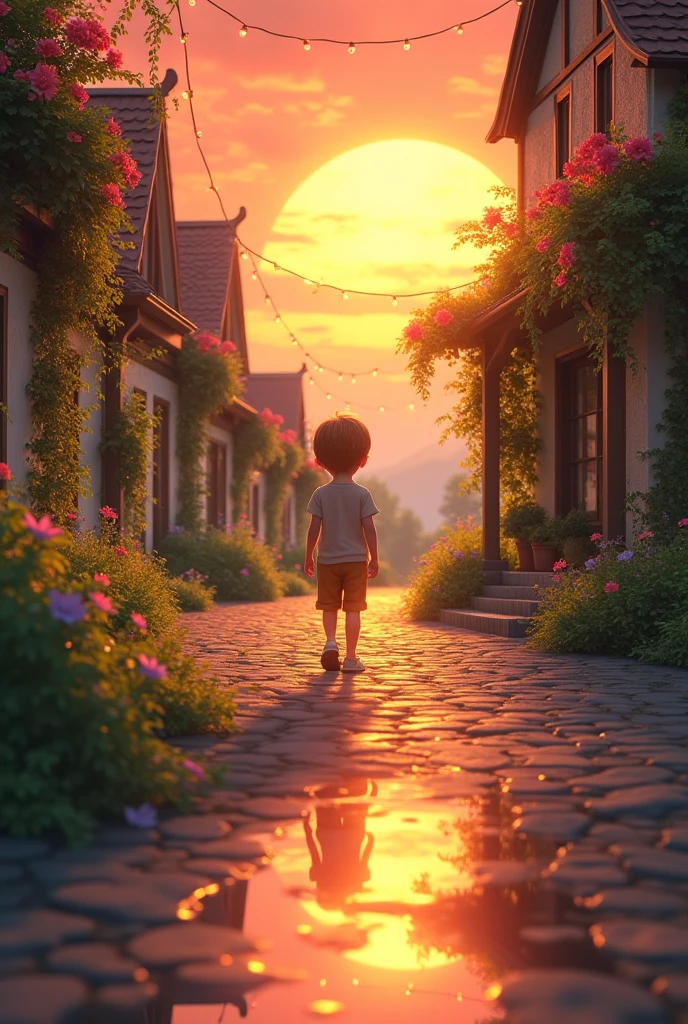 Background Story: Cores mais vivas e saturadas.
Ambiente: A sequence of flashbacks that show moments from the protagonist's childhood playing and exploring.
animation: The protagonist is seen jumping into puddles of water, correndo pelo campo e rindo. Imagination and dreamlike elements are incorporated, como nuvens que se transformam em animais e castelos de areia se tornando reais.