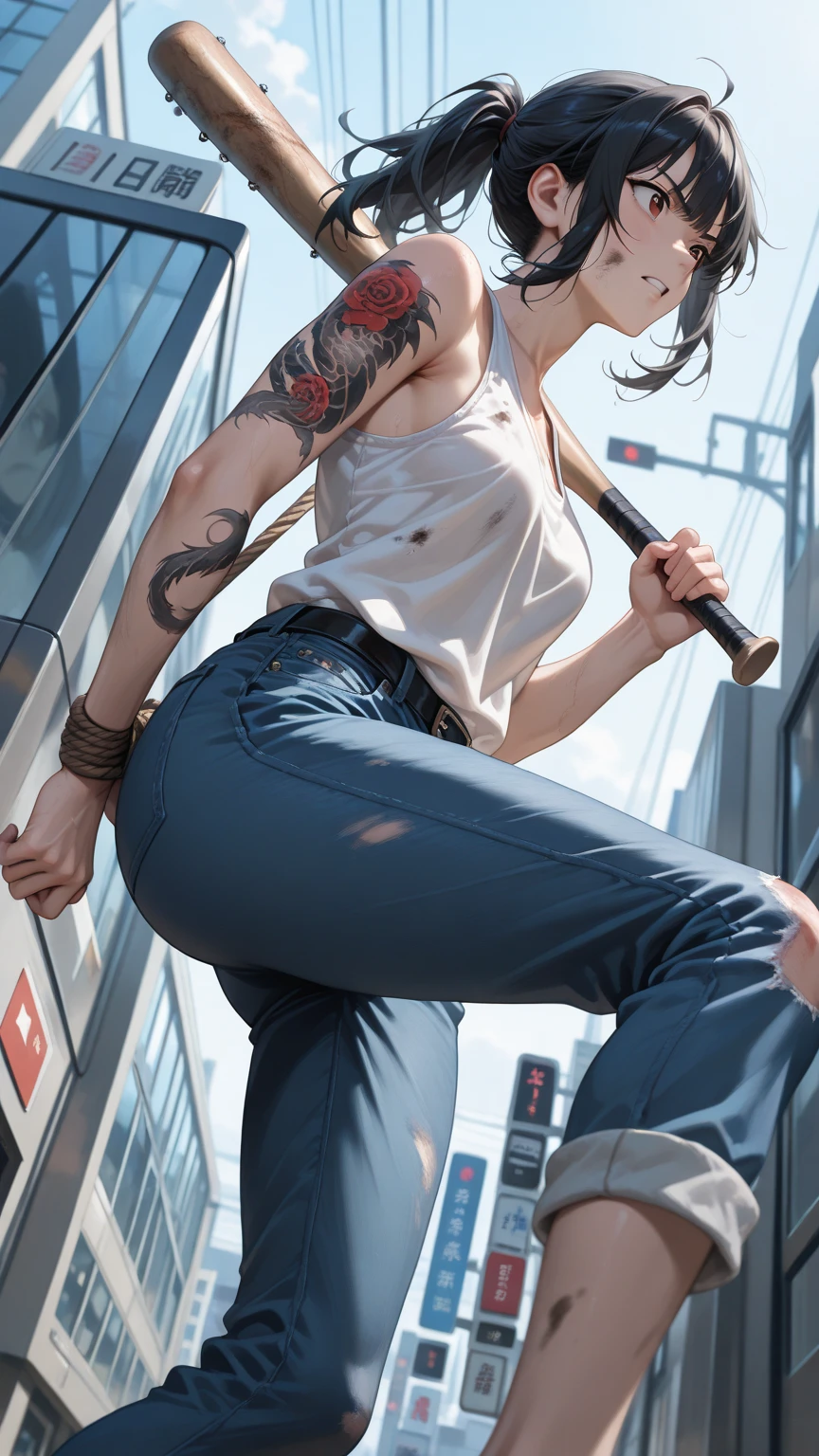 1 man 1 girl Manga comic sensual brunette girl Straight loose hair, blue eyes wet white t-shirt, black tabled skirt In a sensual pose, she teach self defense knee with a woden dummy (bigboob big ass) (wet t-shirt) (highly detailed) (concept art) (manga) (anime) (draw) (face anime detailed) (comics)