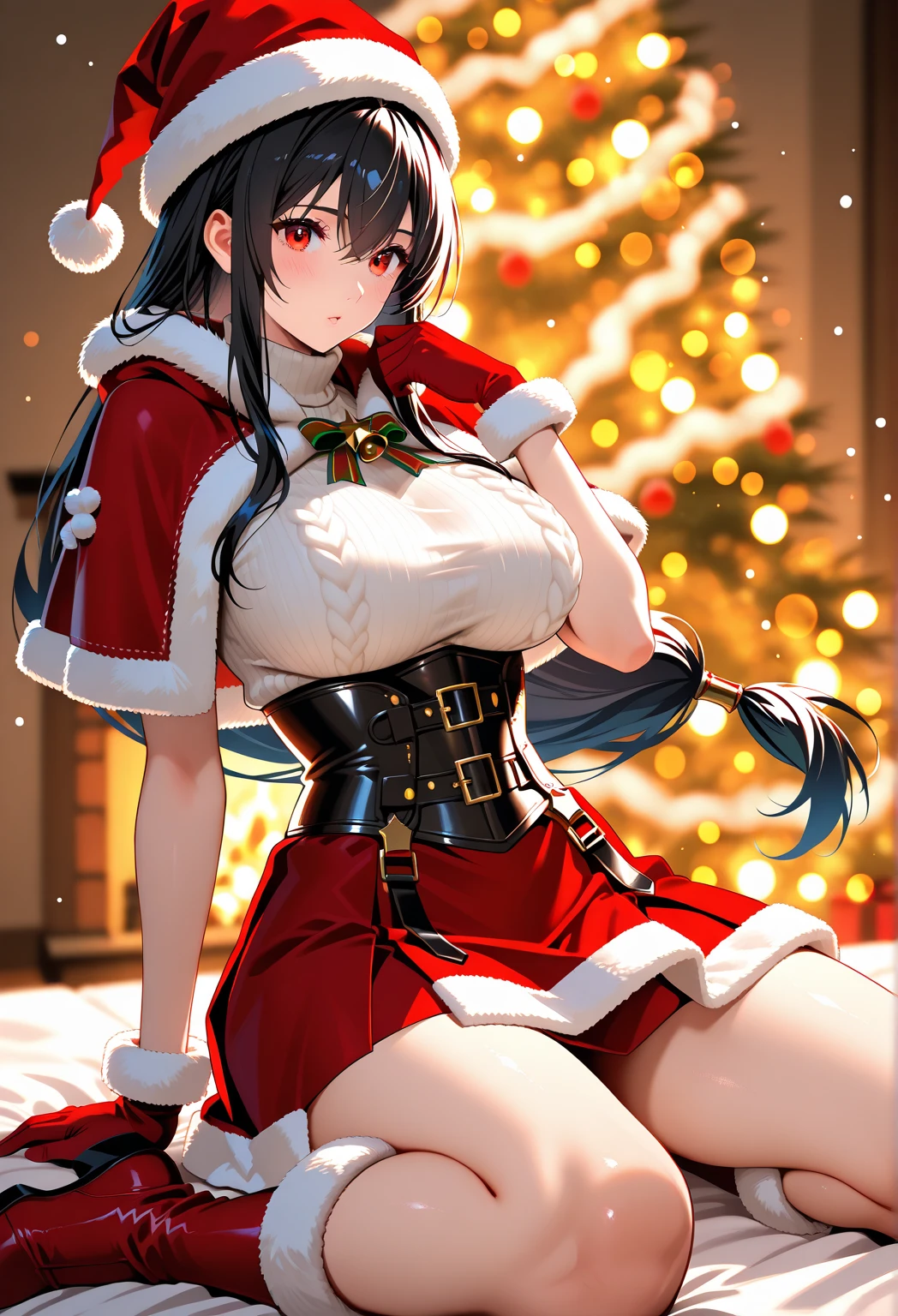 (top-quality,8K picture quality,masterpiece:1.3),(Santa Clothes,tied arms:1.5、arms behind back、Red rope、Bound Legs:1.5)、(Bend forward、thrust out one's hip、Hanging hips and back、Open your crotch、Opening legs)、ultra-detailliert、(A detailed face)、(A detailed eye)、(looking at the viewers)、((1girl in、独奏、No ears))、(Semi-long hair、brown haired)、red rope stretching towards the camera:1.2,(Luxurious interior,Christmas Decorations:1.2)、(Tears、droolng、Ahegao、Puzzled、tremble for、obedience、、be sweaty)、(ssmile:1.2),(a miniskirt,sexy panty,Stockings,a choker,long boots:1.2),Bondage Fashion,Best Quality, Highly detailed, skirt rift,(((Young gravure idols, Young skinny gravure idol, sophisticated gravure idol)))