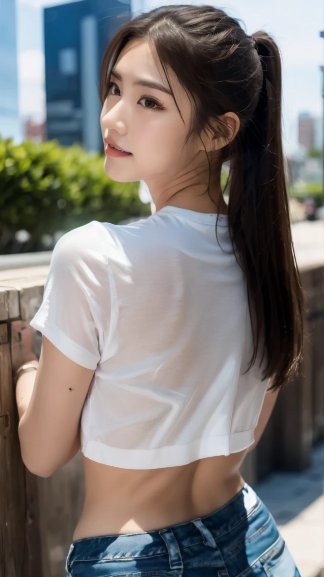 (Extremely meticulous CG),(((8k))),wallpaper,((Extremely refined and beautiful)),(((Masterpiece))),(((best qualtiy))),(((Ultra High Resolution))),realistic shaded,(Smooth and flawless fair skin:1.5),(Extremely exquisite facial details:1.2),(ultra-detailed:1.5),((a beautiful girl,solo)),(White baseball cap:1.5),(short ponytail:1.3),(wet hair:1.5),(small head:1.2),(slender face:1.2),(Exquisite makeup:1.3),(happy:1.2),(laughing:1.2),(perfect body:1.1),(wet:1.5),(sweat:1.3),(shiny skin:1.5),(white shirt with short sleeves:1.3),(bare back:1.3),(towering hips:1.3),(butt crackl:1.3),(black gauze pants:1.5),((slim,thin)),(from back:1.3),(standing:1.3),(at the schoolgate:1.5),(urban landscape:1.3),(outdoor:1.3),(summer:1.3),(day scene:1.3),(dark lighting:1.5),(cloudy:1.5),(rainy:1.3),(overcast:1.5),(upper body:1.3),(surrounded by crowded crowds:1.5)