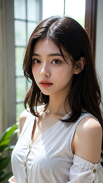 Highest quality, Face Focus, Soft Light, Ultra-high resolution, (Realistic:1.4), RAW Photos,
1 Japanese girl, alone, cute, (pupil, Light in your eyes),  Beautiful face in every detail, (),(High resolution detail of human skin texture),
(Long Hair),
indoor,
Damask Shirt Dress,
(Portraiture)