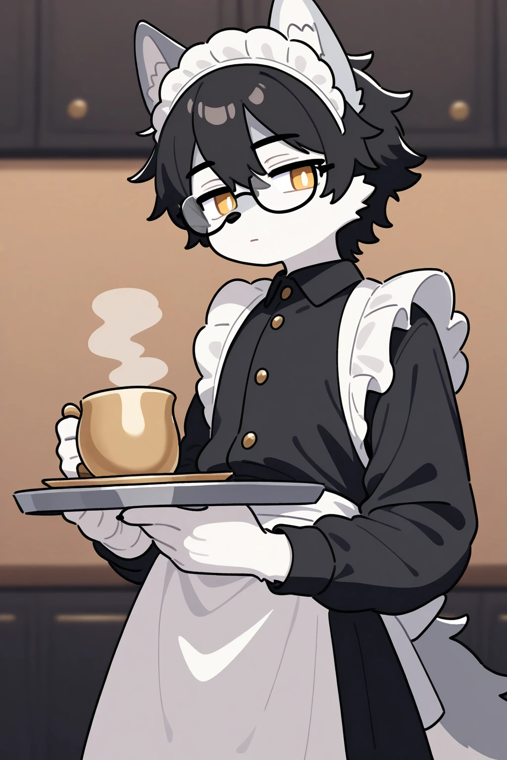 (masterpiece), highest quality, Perfect Face, Furry, Black cat, male, Blushed, Rubber Suit, Rubber suit, Null bulge, Cafe, round 1, ribbon, Rubber Mask, Transparent Vinyl Apron, restaurant