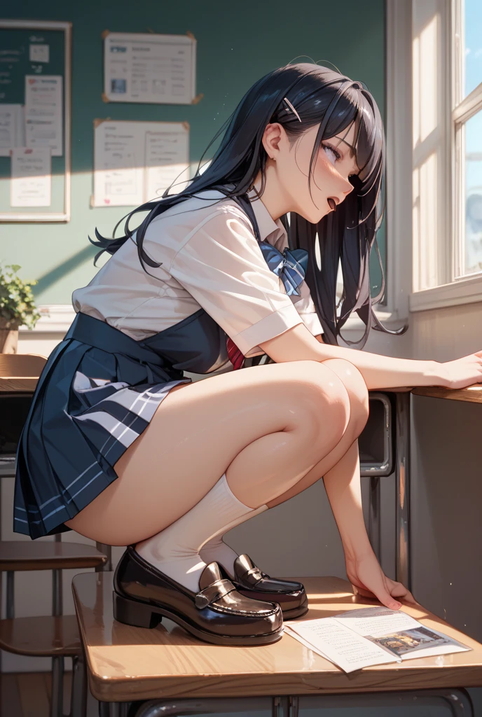 classroom　after school　JK Long black hair　big breasts　M-shaped spread legs　restraint　Leather restraint　Leather restraint　electric massager　Sybian　Climax　PeePeeing　Pee　Squirting　Watery eye　blush　place　nipple erection　Full view of pussyrestraint　Open your legs and restrain　Bend your knees and restrain　Restrain your arms behind your head　Join knees and elbows　Full view of pussy　Pee　Peeing