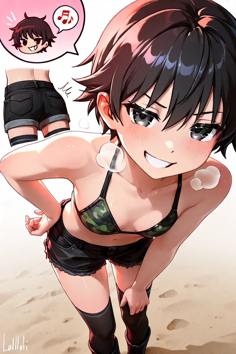 (young girl ,short stature,gyaru) ,flat chest,black hair,bangs pinned back,((leopard print one-piece-swimsuit)),,beach,