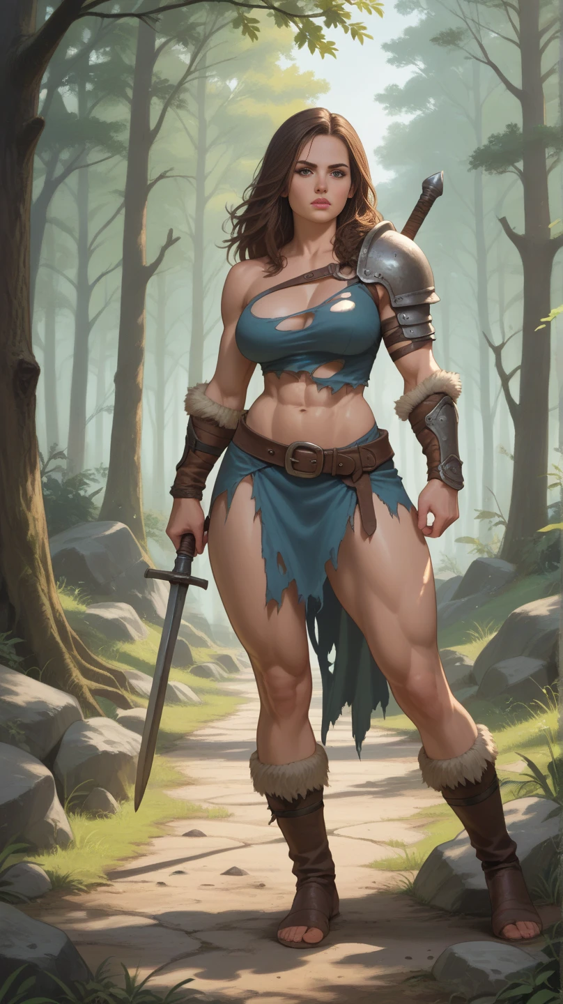 core_9, score_8_up, score_7_up, score_6_up, BREAK 1woman, skinny,big breasts, wearing barbarian armor, in a rocky orange desert terrain, smirking, sweating, holding axe,brown hair, cow face