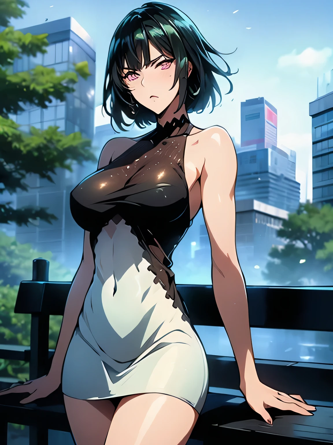 fubuki, fubuki, Black hair, (Green eyes:1.2), Short hair,Large breasts，cleavag((((((nude))))), High collar, jewelry, necklace, cropped shoulders, BREAK outdoors, City,age 28 ,(((long body))) ((long belly ))) height 197 cm (((bib boobs))) BREAK looking at viewer, Break (Masterpiece:1.2), Best quality, high resolution, Unity 8k wallpaper, (illustration:0.8), (Beautiful detailed eyes:1.6), Extremely detailed face, Perfect lighting, Extremely detailed CG, (Perfect hands, Perfect anatomy),(((((arma above showing armpits)))))(((world's perfect girls nude body)))))((((long hourglass body))))