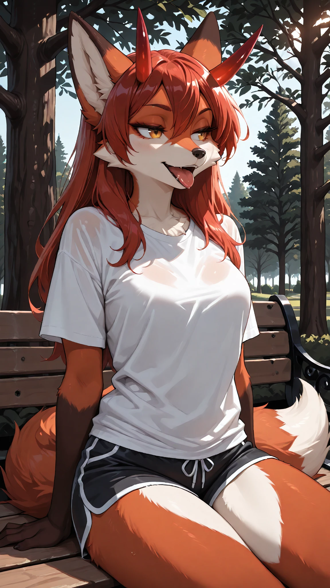 (masterpiece), (best quality), (ultra-detailed), (8k), (cinematic lighting), (newest), (high resolution), very aesthetic, amazing quality, contrasting light, (( furry ( fox red horns) female women, solo:1.2)), (( dressed in a white T-shirt, black thin shorts, sitting on a bench against the park background, walk into a tree, nice view, front view, sat on a bench, picks up a T-shirt, hot, tongue, looks away)) ,wondrous seductive attractive pose, aesthetics, pleasant tones, cutie
