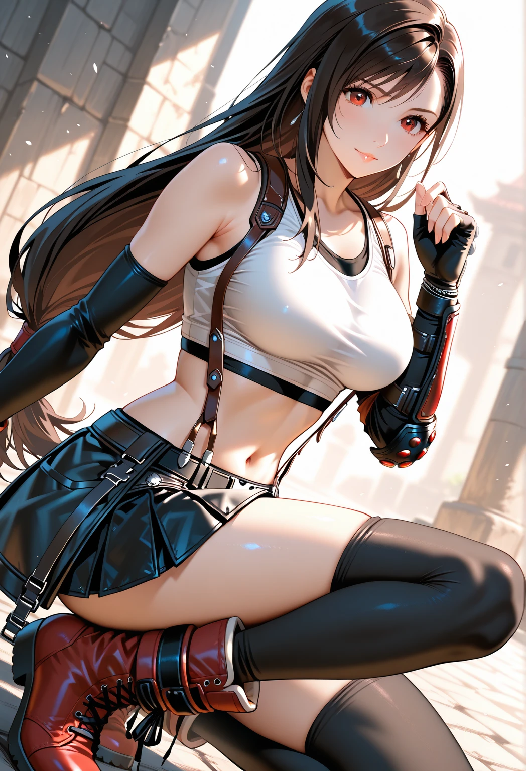 ubel,dark green hair,long hair,side ponytail,hair between eyes,bangs, BREAK (beret, black jacket, open clothes, cleavage, midriff, black shorts, black thighhighs, thigh strap, fingerless gloves, single glove:1.2), Photo,sharpness, F1.6 lens,hyper-realistic textures,spectacular light textures, Cinestil 800 Fashion Mechanics,(((Beautiful woman with left leg restrained and hung by chains))),Appearance,Beautiful girl with accentuated slender abs: 1.1,six-pack abs: 1.1, Bust Botox,Standing on tiptoe, long legs,Long brown hair fluttering in the wind,Brown hair, Long hair, Female Warrior Costume,(No panties,No bra),(tacticul battle fashion,elbow and knee tacticul battle fashion, battle glove: 1.1),((cute batre costume)),The belly comes out and the navel is visible,Thin sheer costume, combat gloves,shredded costumes,cyber long combat boots with golden knee pads,Anatomical,(futuristic sci-fi battle fashion, new elbow and knee cyberpads, new cyberlong boots, new cybergloves: 1.1),(tied perfectly by iron chain), Restraint, Slave, collars, contempt, (Chained), 4 chains hung from heaven, Metallic shackles and fetters, wet crotch clearly visible,((Hands are restrained above the head)), the neck is chained,Chain from left knee to heaven,Chained by rusty iron chains,((the tip is protruding, areolas protruding,The shape of the pubic area is clearly visible:1.2)),Sweating,Wet,Wet crotch,Wet thighs,Junkyard, Realistic, (cute, perfect clothes, skimpy clothes, cute: 1.3) ,Vast miritary base in us,((wide mirtary hospital with summer sunlight)), peeling ceilings, Rebar between, Realistic material details, Extreme details, Ultra-realistic materials,narrow waist,(with sparkling eyes and a contagious smile:0.9),looking at viewer,