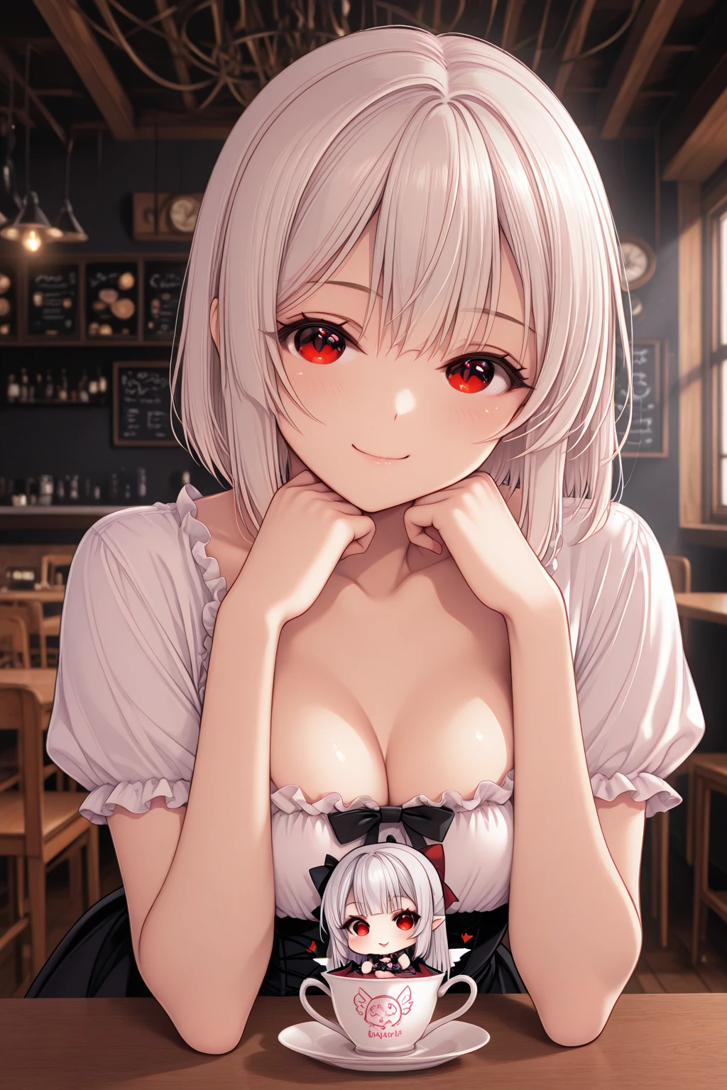 (masterpiece:1.2, best quality:1.1, highres,absurdres, high quality),(photorealistic:1.1),reflected light, colorful,ultra-detailed,8k, ultra hd, super detailed, 
bell cranel,tomboy,1girl,(small breasts):1.4,red eyes, short hair, white hair, (heart hands):1.2, tavern,sitting,cleavage, breastplate,bare shoulders, embarrassed, full-face blush, (giant dildo on table):1.2
 <lora:bell-cranel:0.6> <lora:Tomboy-3000-12repeats:0.6> <lora:GoodHands-vanilla:1>