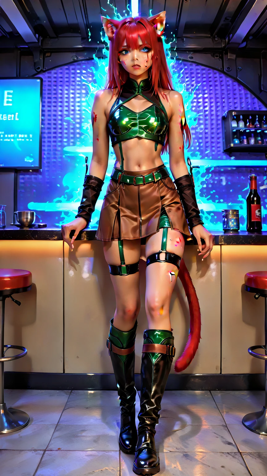 Neko Bar, cute, neko, oriental, bar, girls, chinese, orginal, tight clothing, torn clothes, thigh straps, bruised body, bloody wounds, tired face, dark angry eyes. The level of detail is inspiring, with intricate elements meticulously crafted, volumetric effects adding depth and dimension, and the photorealism is unmatched. The image is rendered in 8K resolution, ensuring ultra-detailed images. Volumetric rays add a touch of magic, highlighting their beauty and aura in a supernatural way. High dynamic range (HDR-10) technology makes the nuclei stand out, adding richness to the overall composition. MarinBraveSoul, red hair, blue eyes, cat ears, cat tail, green leather armor, brown furtrim boots, crop top, furtrim chocker, short furtrim skirt, brown skirt,  shoulders, ruanyi0649, w1tch