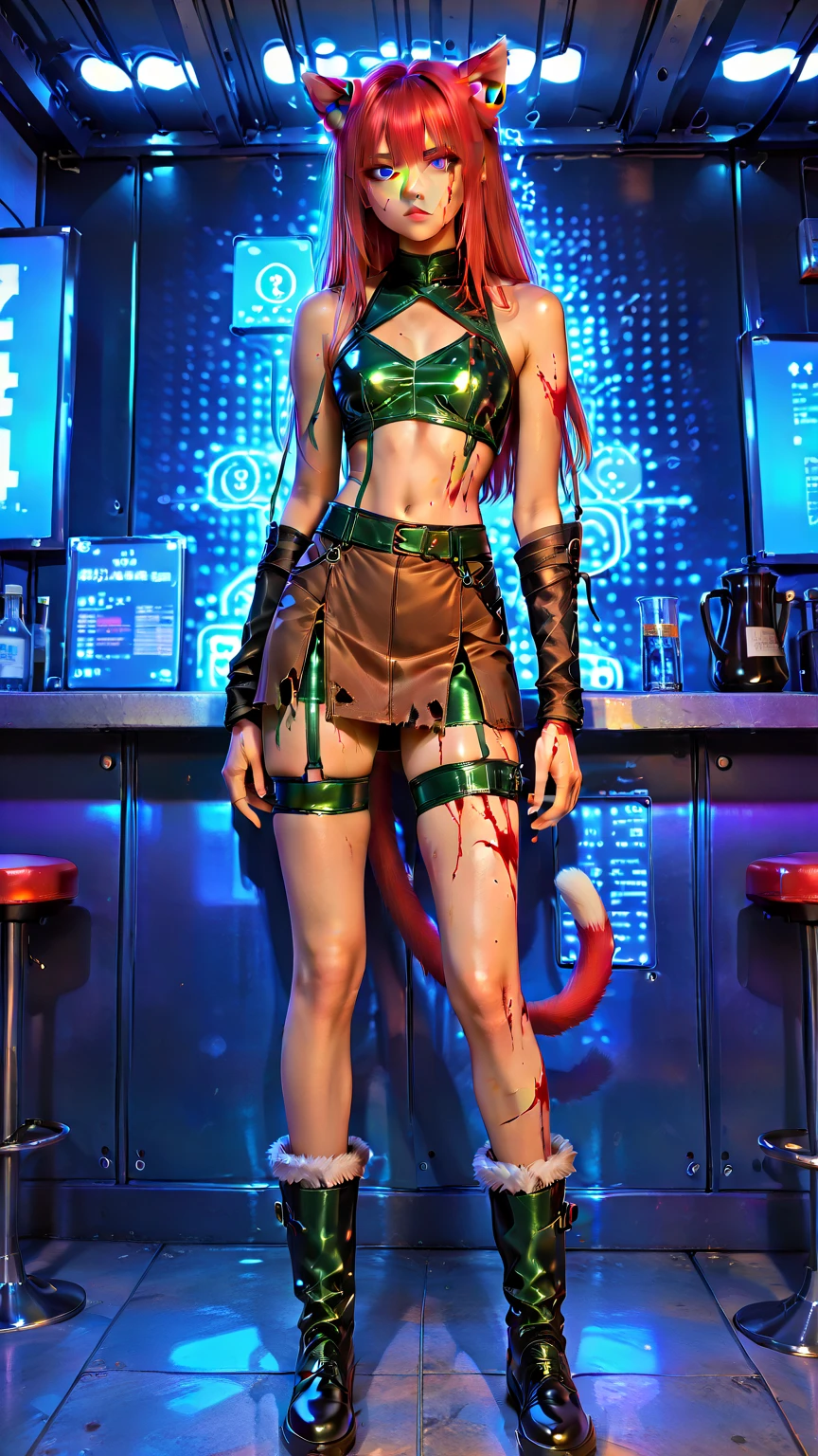 Neko Bar, cute, neko, oriental, bar, girls, chinese, orginal, tight clothing, torn clothes, thigh straps, bruised body, bloody wounds, tired face, dark angry eyes. The level of detail is inspiring, with intricate elements meticulously crafted, volumetric effects adding depth and dimension, and the photorealism is unmatched. The image is rendered in 8K resolution, ensuring ultra-detailed images. Volumetric rays add a touch of magic, highlighting their beauty and aura in a supernatural way. High dynamic range (HDR-10) technology makes the nuclei stand out, adding richness to the overall composition. MarinBraveSoul, red hair, blue eyes, cat ears, cat tail, green leather armor, brown furtrim boots, crop top, furtrim chocker, short furtrim skirt, brown skirt,  shoulders, ruanyi0649, w1tch