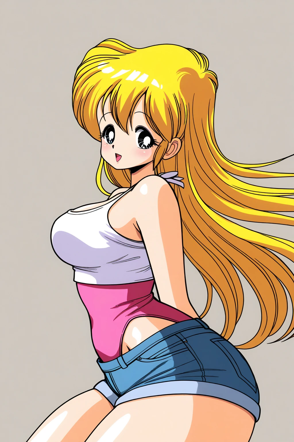 (Anime Style, Retro art style, Clean brush strokes, Very detailed, Perfect Anatomy, Browsing Caution), 1 girl, alone,((smusagitsukino)), Blonde, blue eyes, short hair, Bun Hair、Twin tails, Parted bangs, hair ornaments, smile, Cowboy Shot,Large Breasts:1.5,Tank top、Short length), Thin abdominal muscles: 1.1, (Shorts:1.5, 股Short length、Jeans), (sit, Spread your legs),Looking at the audience,Bedroom Background, sofa, alone, masterpiece, highest quality, Detailed face, Fine grain, High resolution,