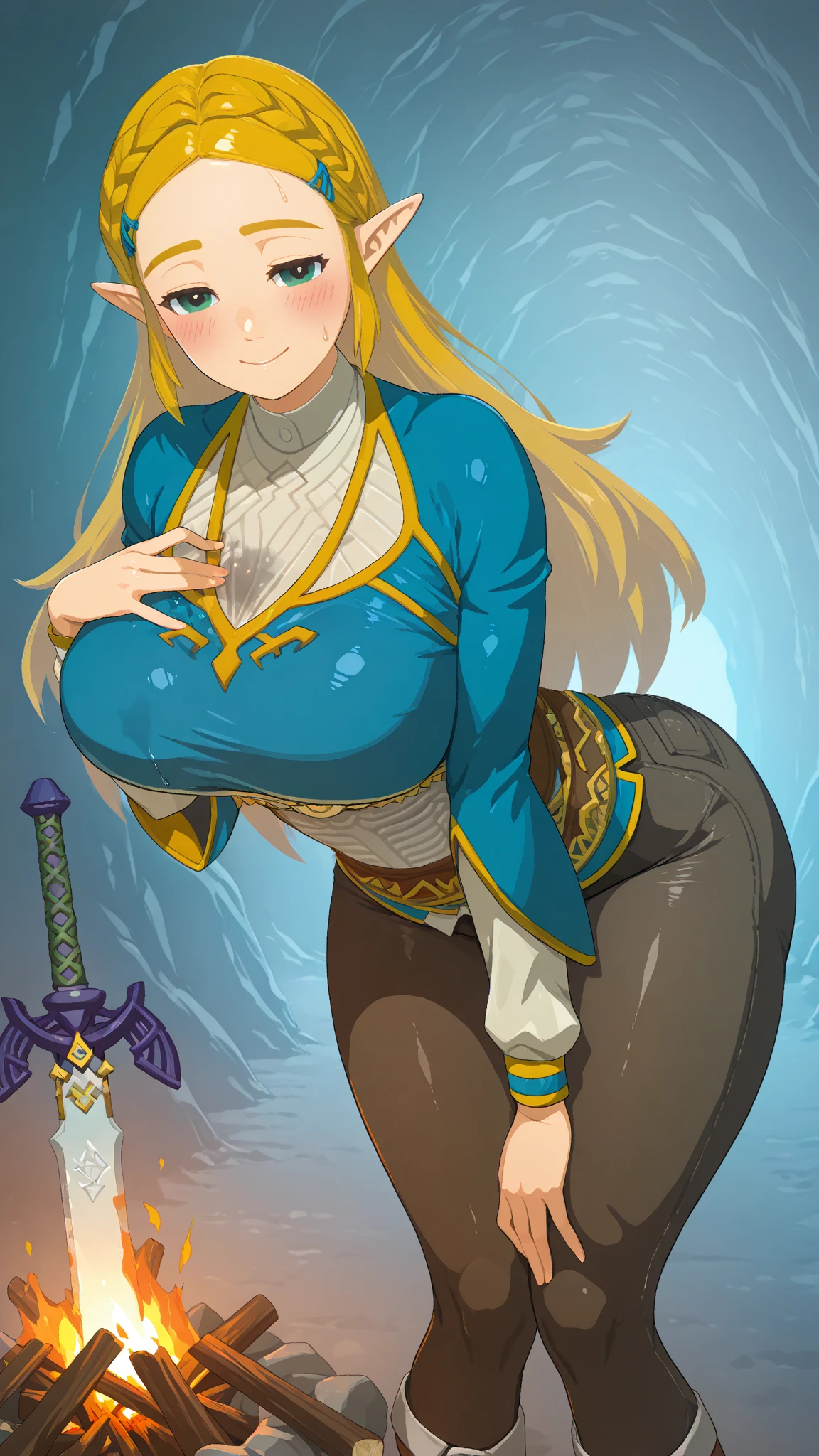 (wooden fortress with medieval army from above in front of a giantess breasts and face: 1.3), (fantasy wooden fortress with medieval army in front of a giantess looking down on them), all fours, (:3), (nipples), blonde hair, big , blue eyes, elf ears, pointy ears, elf outfit, big thighs, armor, sword, closeup breasts and face, mountains, cliffs, hills, (long landscape: 1.2), (from below view: 1.2), (very skinny: 1.2)