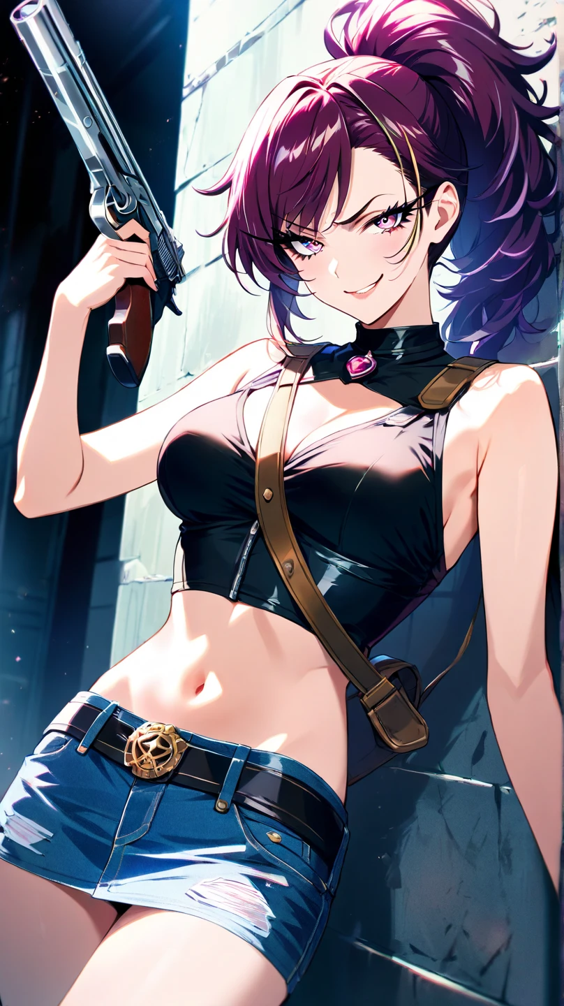 uma mulher com uma blusa roxa segurando uma arma e usando luvas, girl with gun in hands, glamorosa Jill Valentine, protagonista feminina 👀 :8, Gun in hand, a pistol in hand, segurando uma arma, Yayoi Kasuma, Lagoa Negra Revy, revy da lagoa negra, personagem feminina de anime, female action anime girl, fujita goro!, inspirado em Ayami Kojima, Kusanagi, protagonista feminina, pose de tiro, fanart de alta qualidade
