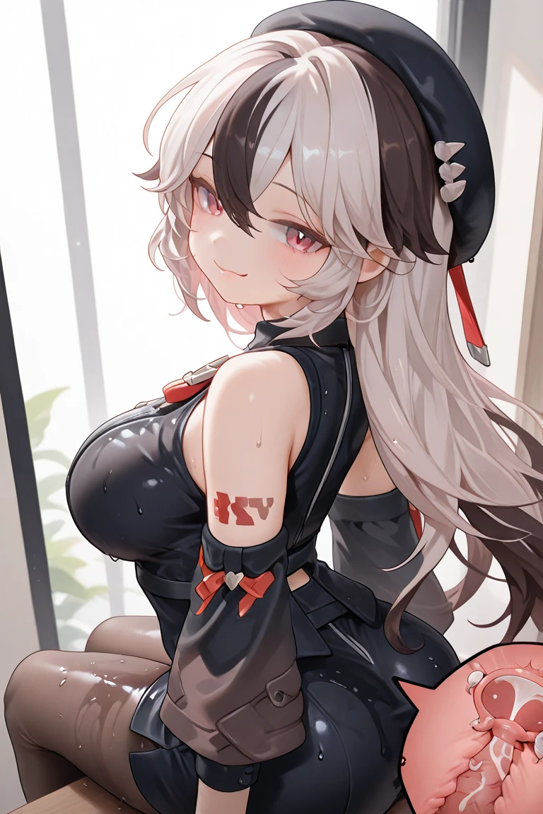 masterpiece, high quality, A pretty woman, Long hair, wavy hair, White hair, blue eyes, smiling face, big breasts, juicy breasts, Open shirt, short skirt, black jacket, black beanie hat, pan, background of a bakery 