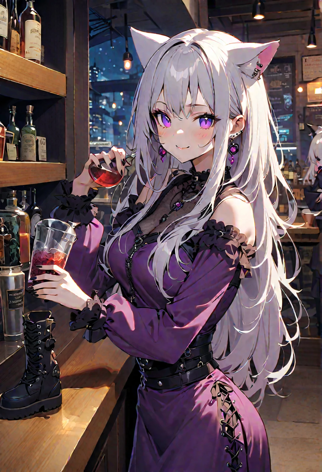 Highly detailed face,fine grain,Sparkling eyes,Highlighted eyes,Medium chest,pretty girl,smile,Cat ear,Beautiful silver hair,Pink inside,Beautiful pink eyes,fantastical, mysterious