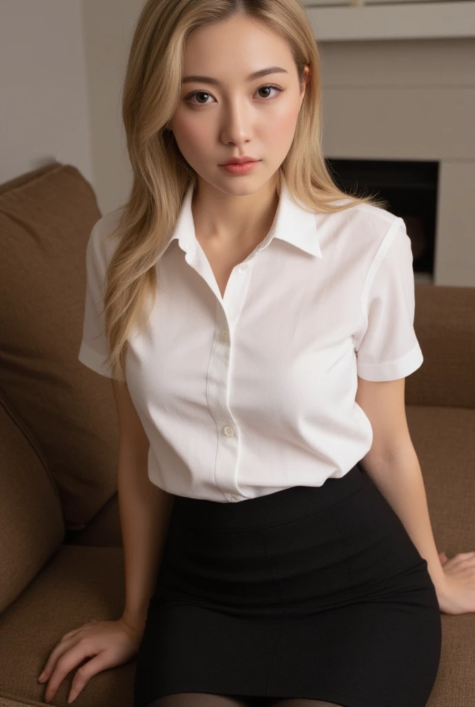 a beautiful blonde woman, detailed eyes, beautiful detailed lips, perfect body proportion, extremely detailed face, long eyelashes, white shirt, black short skirt, cinematic lighting, warm color tones, highly detailed, photorealistic, 8k, best quality, masterpiece, sitting on her desk at work