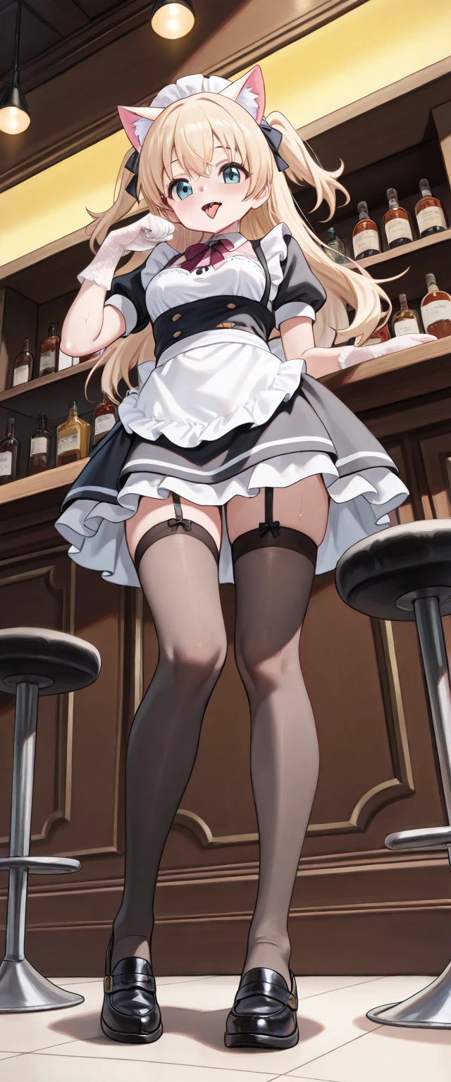 (from below:1.2),(from side:0.9), ((Face)), (Close-Up:0.4), masterpiece,"A 26-year-old girl stands at a bar counter. She is dressed in a stylish off-shoulder dress, sweater dress, off-shoulder sweater, red sweater,garter stocking, cleavage:1.1, midriff, black thighhighs, pretty girl, (highly detailed beautiful face and eyes,firm breasts),real skin,((black,hair,long pony tail hair)),thin pubic hair,cute and lovely pose, detailed eyes, This masterpiece is only visually stunning but also tells,(small breasts:1.4,under bust:1.1),(with sparkling eyes and a contagious smile),open mouth. The bar is beautiful, with colorful bottles of alcohol in the background and a soft glow from neon lights. The atmosphere is relaxed, and the girl looks confident and fashionable.",full body, sexy pose,make a cocktail , in the bar counter, Looking at Viewer,