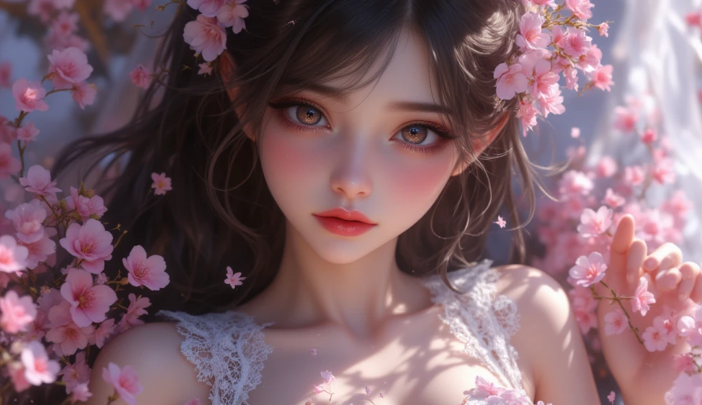 （（best qualtiy））， （（tmasterpiece））， （detail：1.4）， Beautiful cyberpunk female images，hdr（HighDynamicRange），Ray traching，NVIDIA RTX，Hyper-Resolution，illusory 5，sub surface scattering，PBR textures，post-proces，Anisotropy Filtering，depth of fields，maximum definition and sharpness，Many-Layer Textures，Albedo e mapas Speculares，Surface coloring，Mitsu-Accurate simulation of material interactions，perfectly proportioned，rendering by octane，Two-colored light，largeaperture，Low ISO，White balance，Rule three points、8K raw data、Beautiful bright blue pupils，off-the-shoulder clothes，Fine pupils，Delicate face and eyes，long eyelasher，Blushlush，Delicate and fluffy hair，pink lip，Pure，Cute face，Sweet girl，Artistic sense，Casual wear，Advancedsense，butterflys，Cherry blossom petal，Beautiful hair accessories，Long hair and waist，Hair fluttering in the wind，wedding gown，curlies