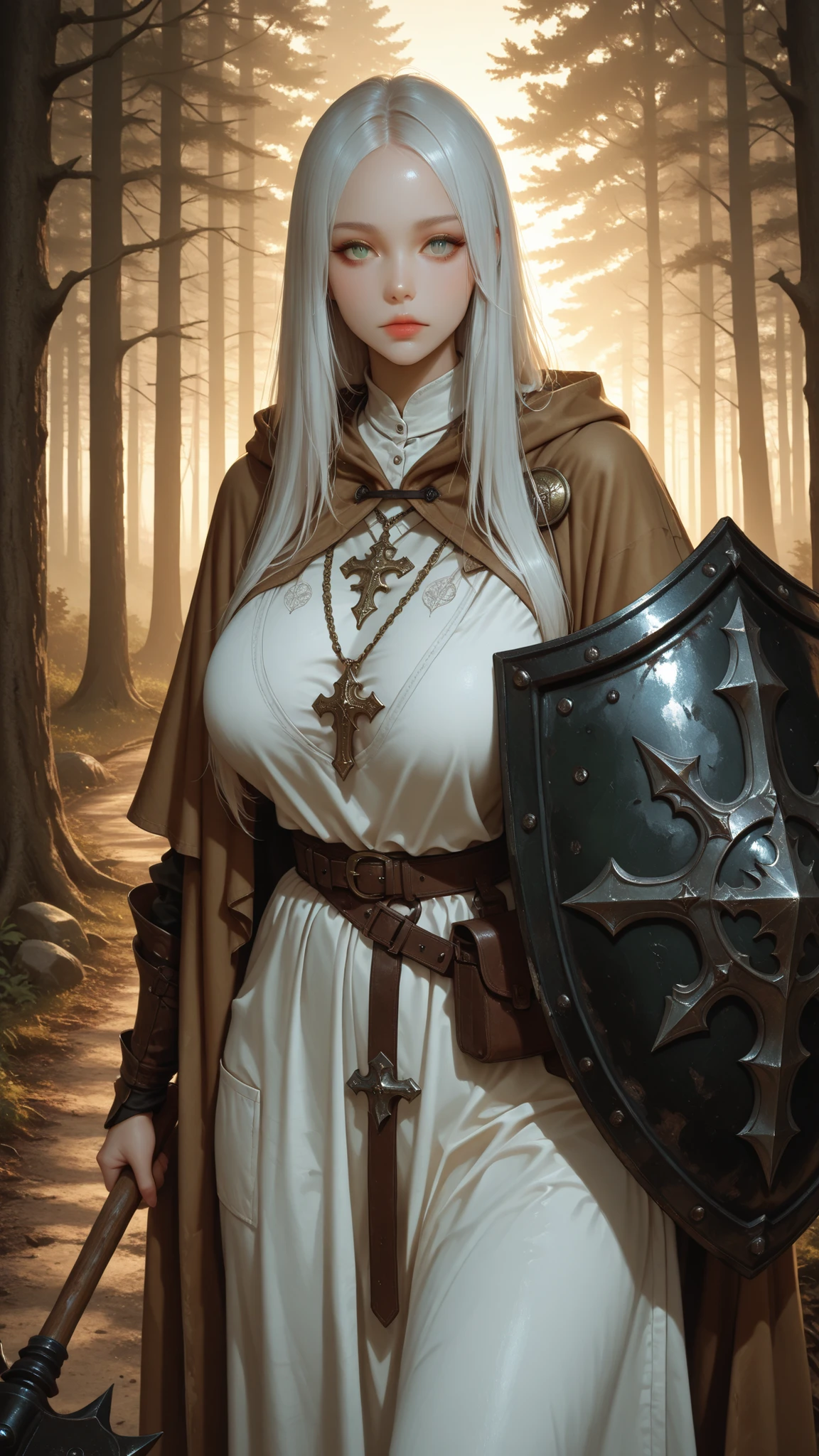 very aesthetic, 걸작, 고해상도, 8k 해상도, high contrast, (semi-realistic), newest, koreanai, best_quality, finely_detailed_eyes_and_detailed_face, (1 girl), beautiful,  pretty, solo, long_hair, straight_hair, (no bangs, forehead exposed),(humongous_breasts, huge_breasts, skinny, tall_height), green_eyes, perfecteyes, brown_cloak, white_tunic, white_skirt, necklace, holding Spike mace and shield, medieval fantasy fashion, expressionless, white_hair, looking_at_viewer, dynamic_angle, standing,  incoming attack, forest, road background, real_beauty,  sunrise 