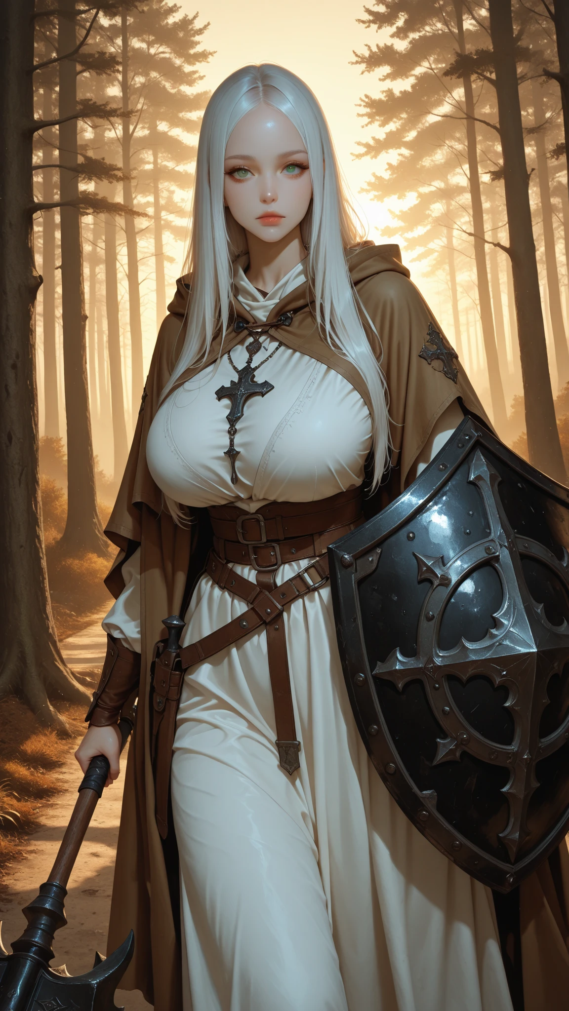 very aesthetic, 걸작, 고해상도, 8k 해상도, high contrast, (semi-realistic), newest, koreanai, best_quality, finely_detailed_eyes_and_detailed_face, (1 girl), beautiful,  pretty, solo, long_hair, straight_hair, (no bangs, forehead exposed),(humongous_breasts, huge_breasts, skinny, tall_height), green_eyes, perfecteyes, brown_cloak, white_tunic, white_skirt, necklace, holding Spike mace and shield, medieval fantasy fashion, expressionless, white_hair, looking_at_viewer, dynamic_angle, standing,  incoming attack, forest, road background, real_beauty,  sunrise 