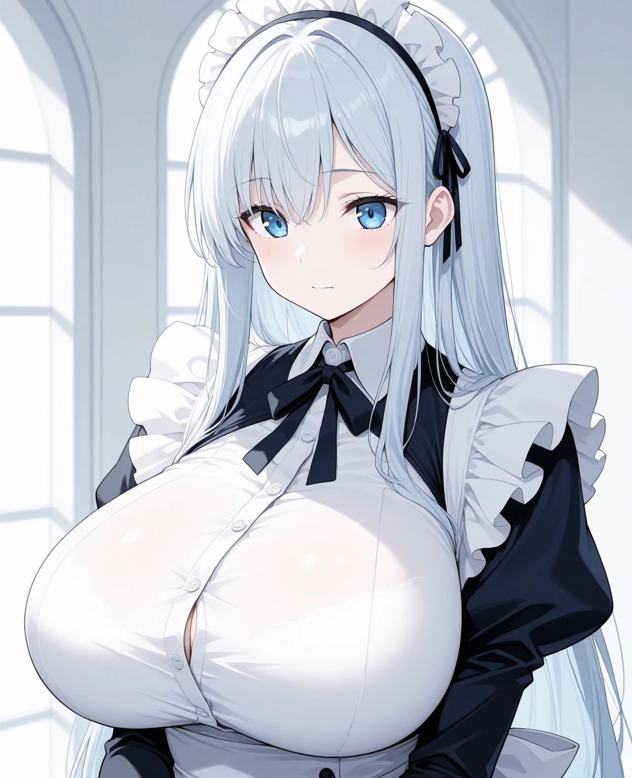 ((Masterpiece)), ((1girl)), ((Best Quality)), ((Perfectly Drawn)), ((Best Detail)). A Beautiful Cute Girl, with ((Absolutely Enormous Breasts: 1.5)), wearing a Pretty Maid Outfit, Huge Cleavage,