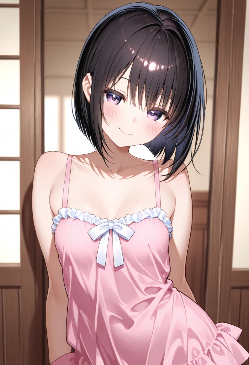 A young woman in a lavender bra and panties set is standing in front of a window. The woman has long brown hair and is looking at the camera with a smile. The image is taken from a slightly low angle.