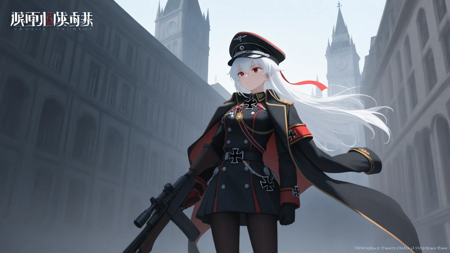 German-style military uniform,world war 2,army suit,Deutsche,Nazi,German Third Reich,Commander,Generals,thedemongirl,luminous red eyes,Demon anime,anime style like fate/stay night,Anime shoujo protagonist,solo person,whaite hair,hair straight,Long, waist-length hair