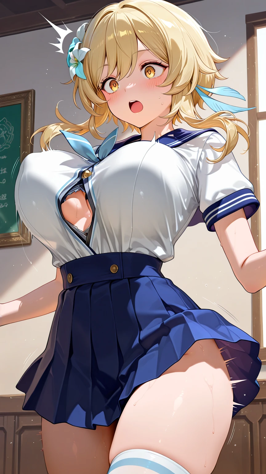 [1girl, Ashelia B'nargin Dalmasca, final fantasy], (goblin slayer!), (throw_hand, pink vibrator remote switch in throw_hand, throw:1.2), Highest quality, Super detailed, masterpiece, Ultra-high resolution, 8K, Ridiculous, Cowboy Shooting, Blurred, Focus on the girl, Embarrassing, blush, Lovely, Open your mouth, What saliva leaves behind, Wet skirt hem, (Sticky panties:1.1), Bulging of the vibrator cord, Vibrator with Garters, (cleavage), Classroom Background, The skirt is accidentally exposed,(large breasts), (crop top navel), (waist line), Accidentally exposed panties