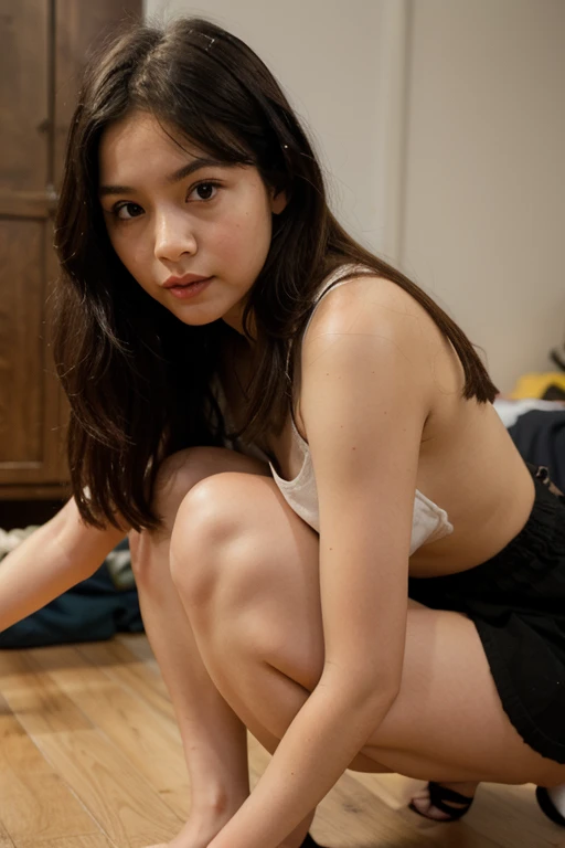 girl sitting on sofa, wide hips, short dress, beautiful, asian mixed arabfed face, hands up,