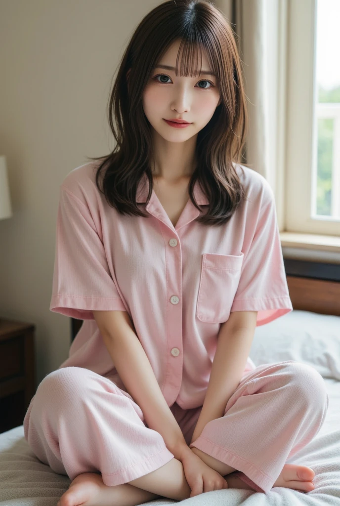 An asian girl wearing sexy pajamas sitting on the sofa.