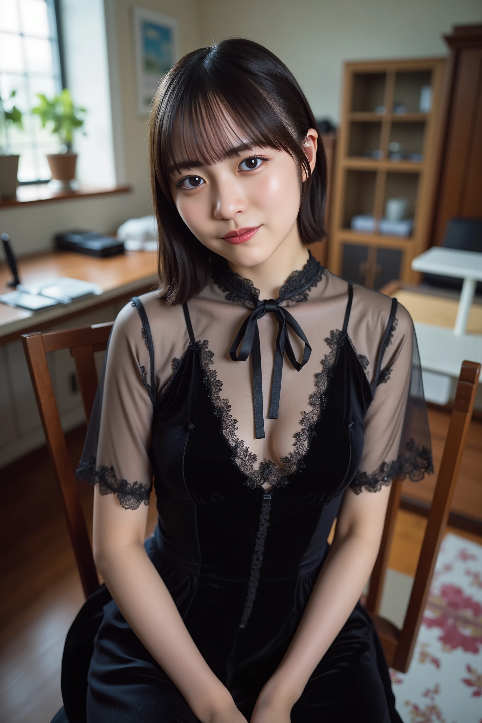 photorealistic, 8k, soft diffuse lighting, japanese young girl, light makeup. like fresh impression through the sheer fabric、Her hair is parted at the sides. I'm wearing an elegant, vintage-inspired outfit, flowing features, Shiny dark velvet long dress. That dress is layered under sheer material, A long sleeve blouse with a delicate floral pattern, enhances the、x} The soft outline of the dress below shows through. The high neck is accentuated with a bowtie detail, sophisticated, classic touch. The sleeves of the blouse are slightly puffed at the shoulders, contributing to her romantic silhouette. The dress gracefully follows her figure, When she moves、The hem gently rubs against the floor. dynamic low angle shot, angle looking up at the subject. She's sitting in a piano chair at home, her hands rest gently behind her back. Open your legs wide. She has a naturally mischievous and innocent attitude, Her soft、Sweet voice, every movement is carefully adjusted、Exudes charm.