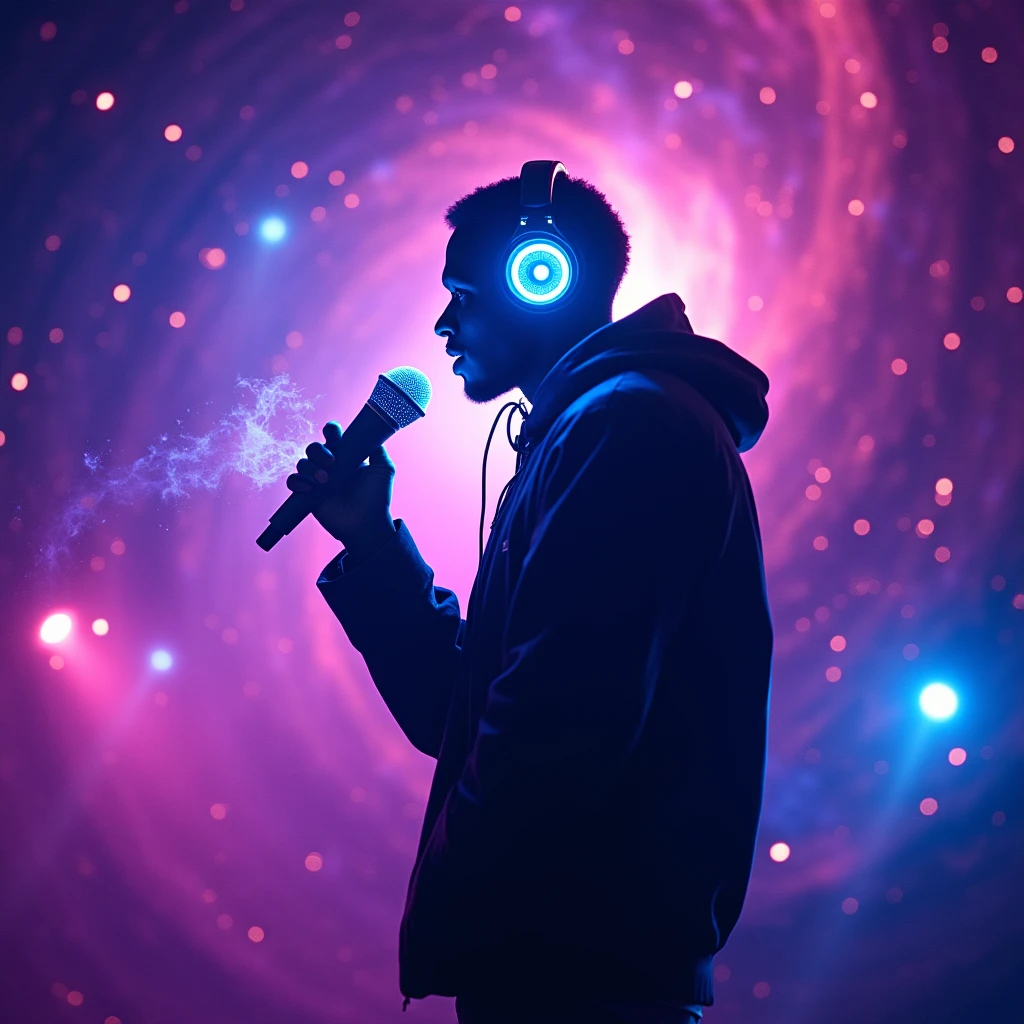 A futuristic, cosmic rap scene set in a vibrant neon galaxy, featuring ...
