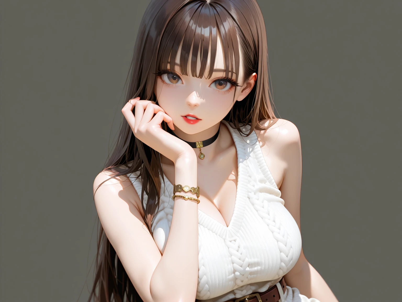 "Create a sophisticated portrait of a young East Asian woman seated in a modern office setting. She has long, chestnut brown hair that gently frames her face, providing an elegant contrast to her sharp, professional attire. She is wearing a form-fitting white blouse tucked into a black pencil skirt, paired with sheer black stockings. Her posture is upright, portraying confidence and poise. The soft lighting in the room highlights her thoughtful expression as she gazes off into the distance, lost in thought. The background is softly blurred, focusing attention on her."