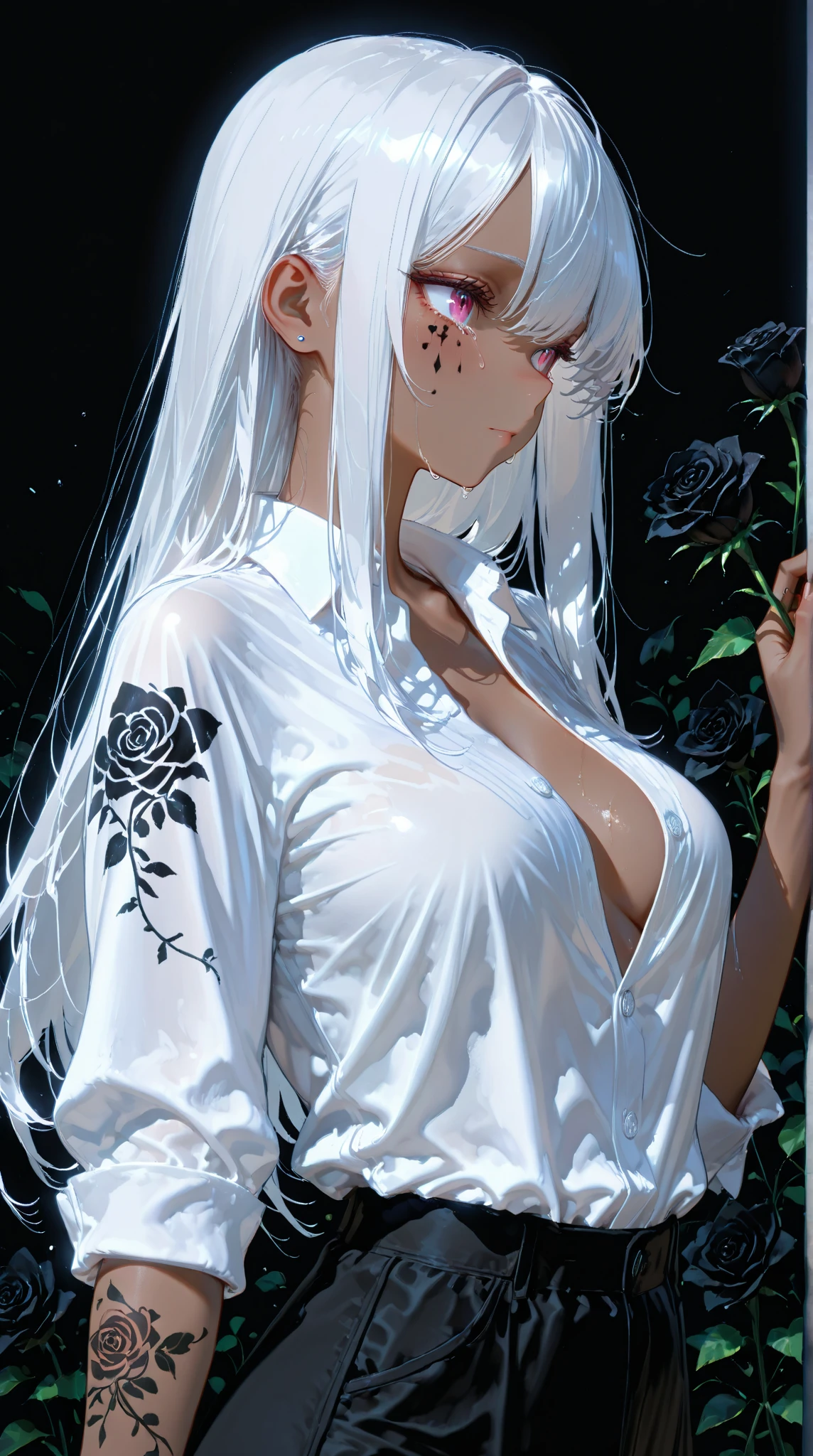 masterpiece, highest quality, (alone focus), (perfect face:1.1), (high detail:1.1), (highly detailed eyes), dramatic, A tall woman with white skin, voluminous white hair, White eyes, alone, long hair, Sephiroth, moon, night, white luxury suit, covered navel, swollen lips,  arrogant expression, rose garden, detailed background, Art by artgerm, cinematic lighting, Rose, fashion, balenciaga style