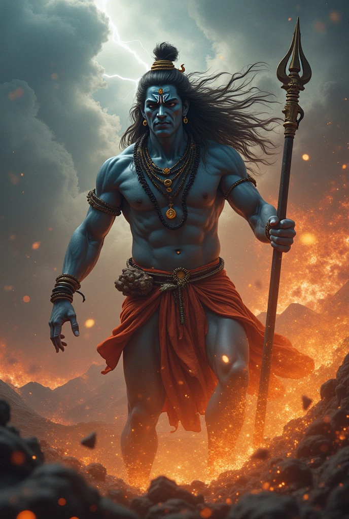 a powerful huge body, huge arms,  muscular lord shiva, day light, lord shiva, ((throwing trishul towards the viewer, burning trushul, very charming face,)), no beard, closeup shot, extremely detailed skin and well detailed eyes (best quality,4k,8k,highres,masterpiece:1.2),ultra-detailed,(realistic,photorealistic,photo-realistic:1.37),dramatic lighting,cinematic composition,intricate details,vibrant colors,mystical atmosphere,  fire and foggy blurry environment , dynamic action 