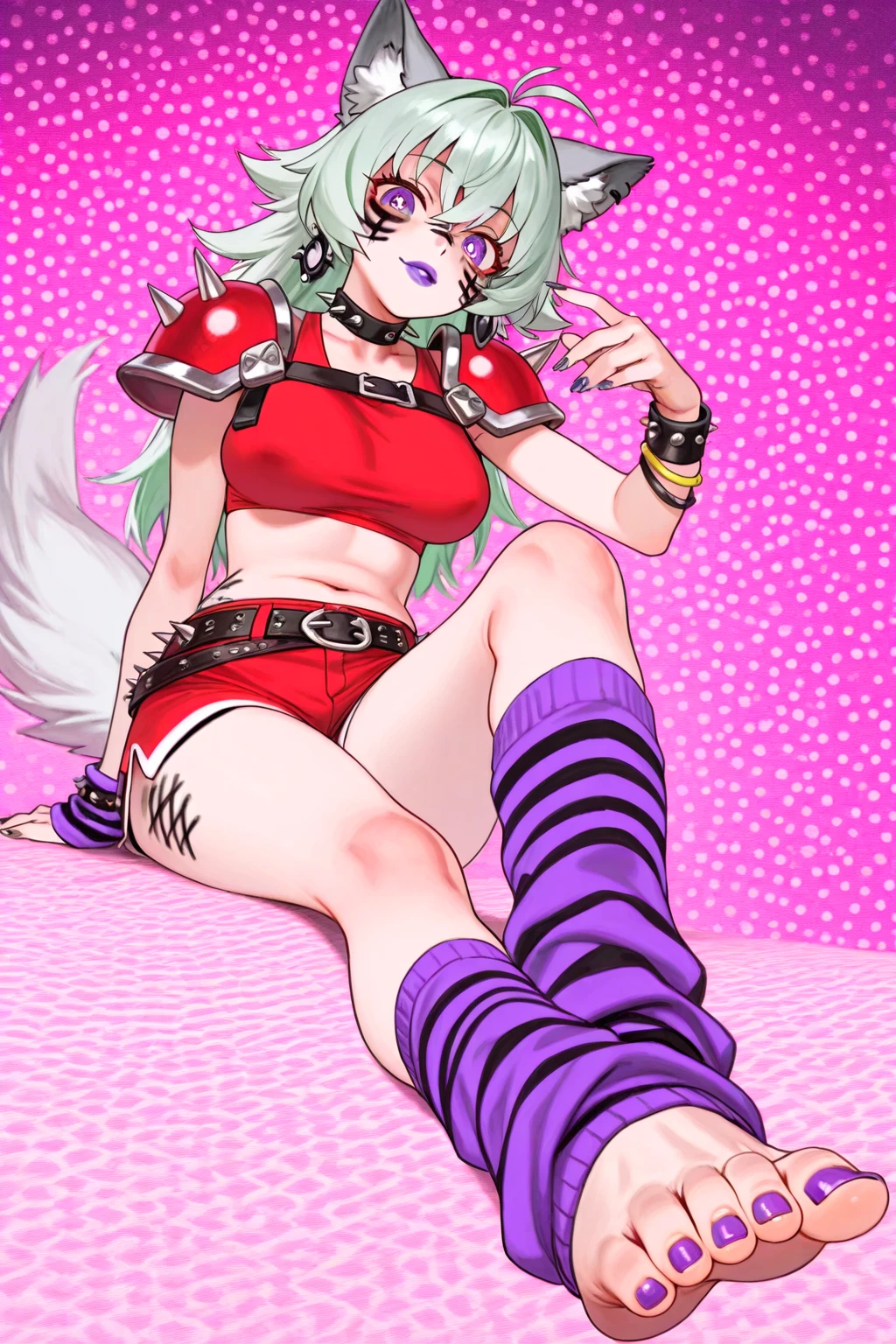score_9, score_8, score_9, BREAK, cruella, multicolored hair, dark dress, fur coat, earrings, smirk, natural lighting, sitting in car, seductive smile, aroused, spread legs, lace panties, cameltoe, covered nipples, very skinny body , small breasts,