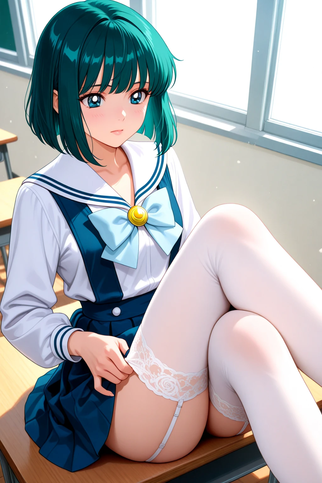 nsfw,alone, (One girl), Elementary school girl,8-year-old, ((White panties)), (wearing only the top half of sailor school uniform), Sailor with un-folded hems, sexy, (Cowboy Shot), ((Put your arms behind your head)), classroom, With a girl:Her hair is long and black, Her face is round and cute, Black Hair, Low twin tails,,Shy, Embarrassing,(pussy cameltoe:1.0),Sit on a chair、Spread your legs、M-shaped legs、